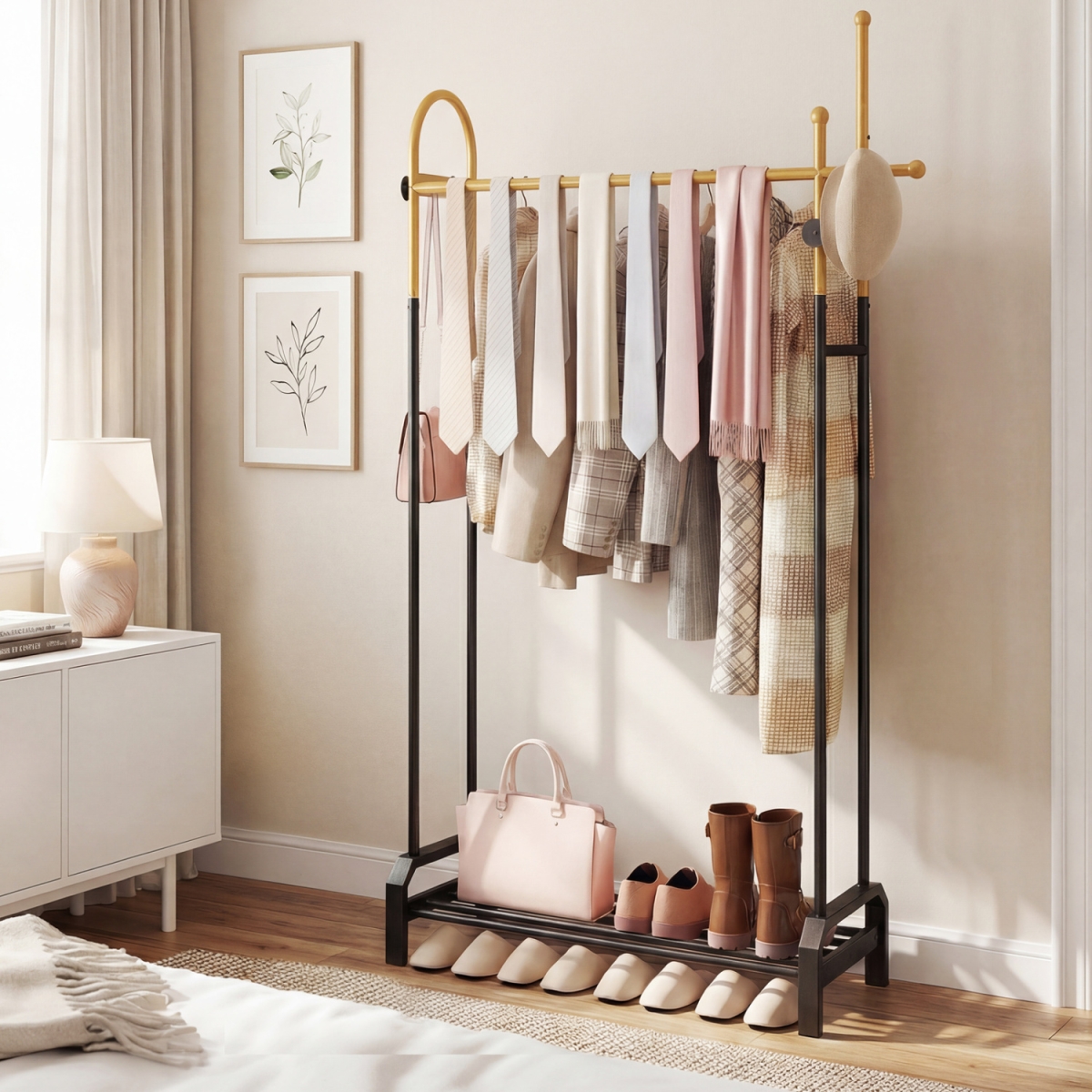 JV13357GD Double Rods Garment Rack for Hanging Clothes - Gold