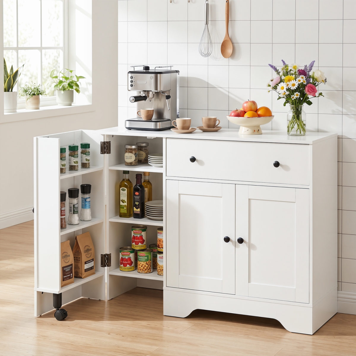 JV13453WH- 41.5 in. Modern Coffee Bar Cabinet with 3 Doors & Rolling Wheel - White