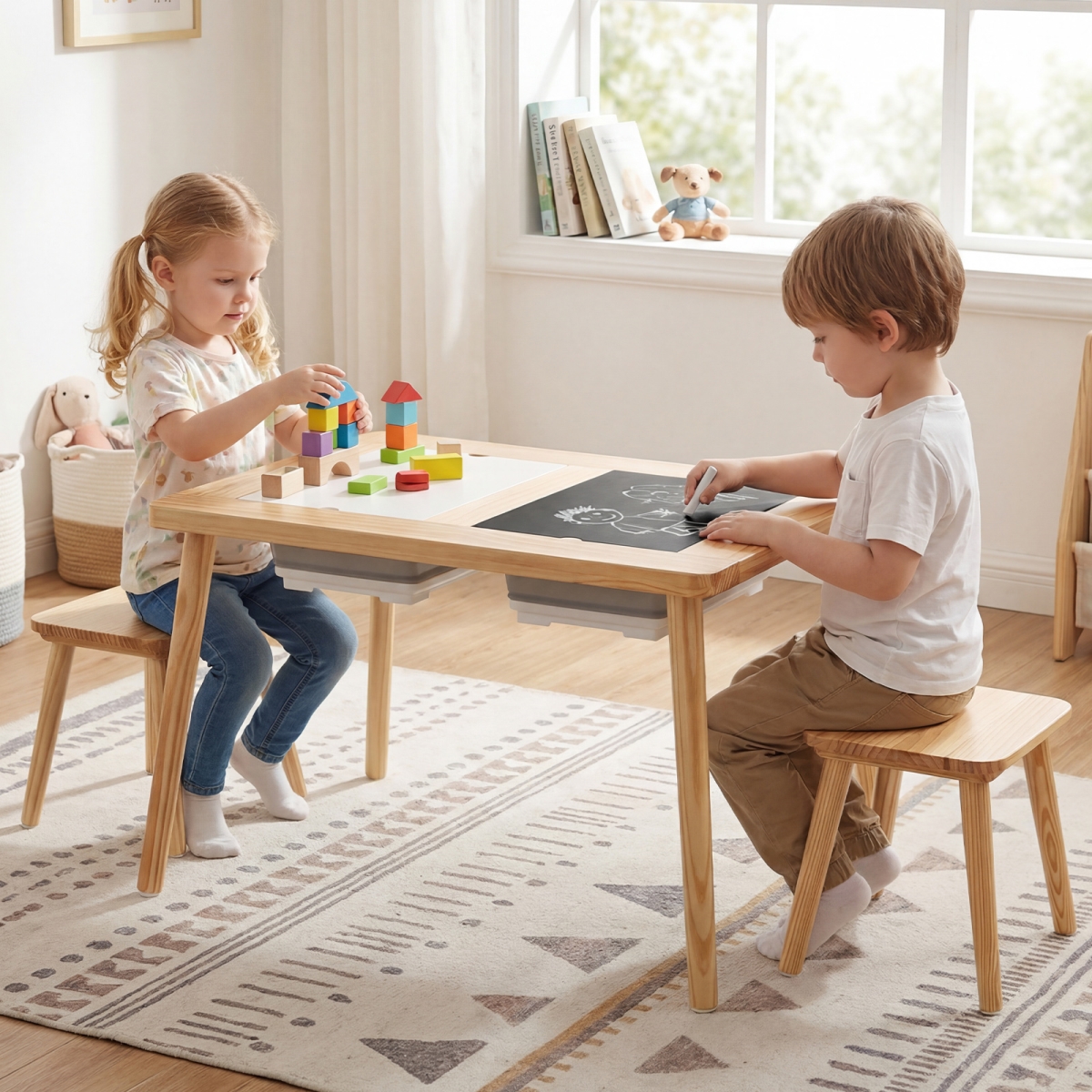 HY10265NA Wooden Kids Activity Table Set with 2 Foldable Storage Bins - Natural