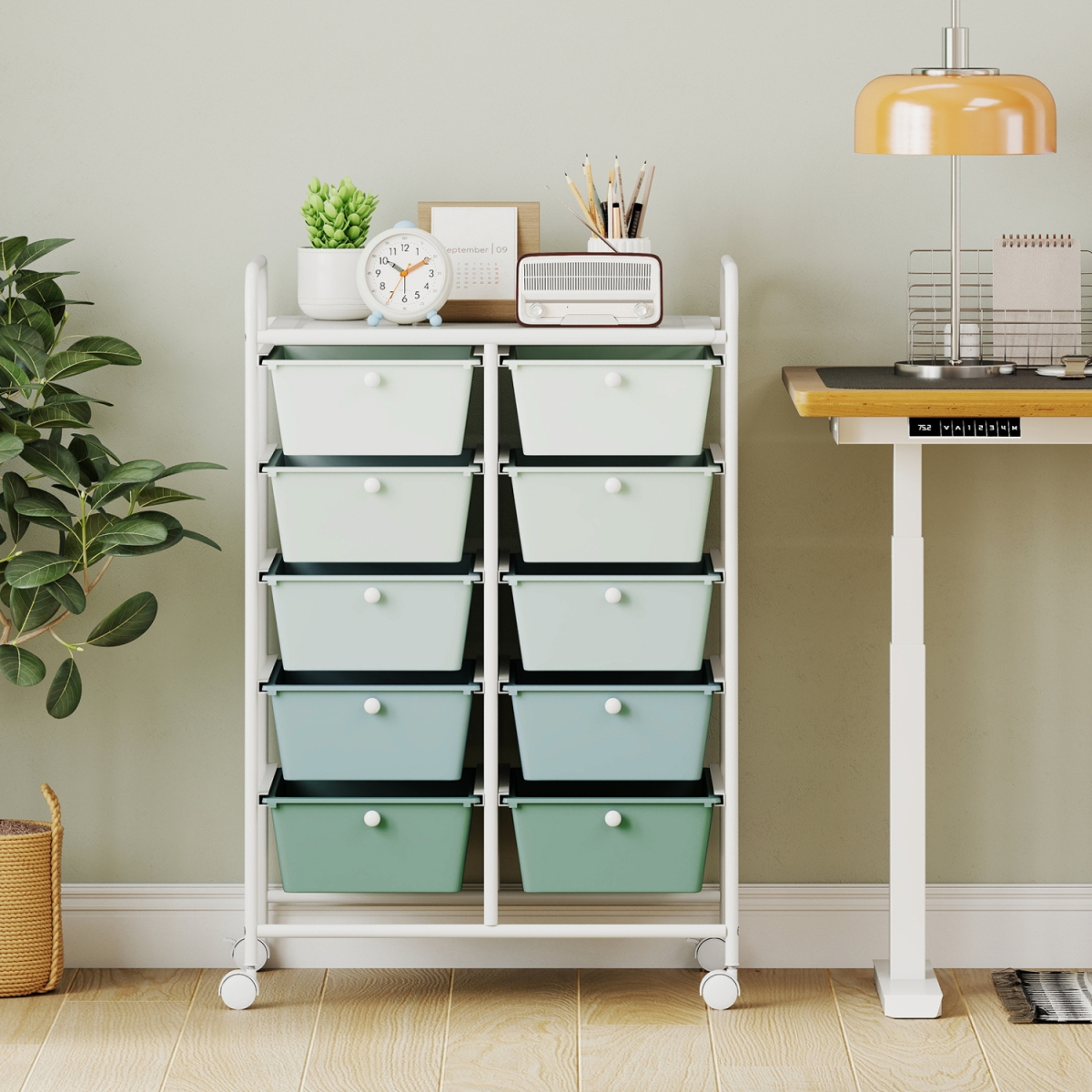 JV11073QR 10-Drawer Rolling Storage Cart - Light Green