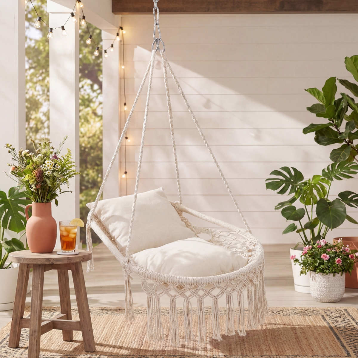 NP13235BE Macrame Swing Chair Hammock Chair with 2 Removable Cushions - Beige