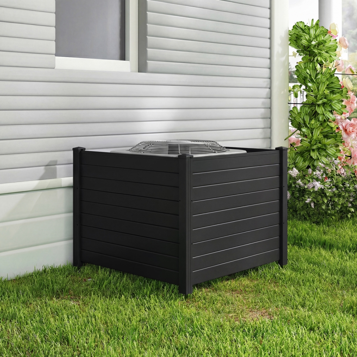 NP13268DK 48 x 38 in. Air Conditioner Fence 3 Panels with Metal Ground Stakes for Patio Backyard - Black