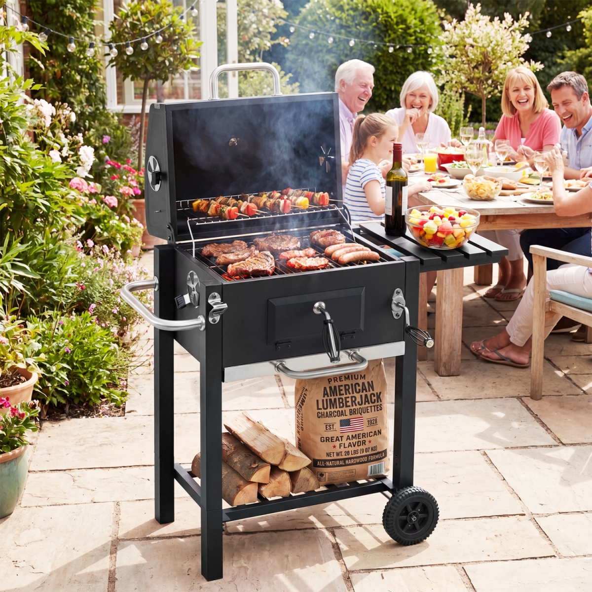 NP13280DK Portable Outdoor Barbecue Grill with Adjustable Charcoal Tray & Wheels - Black