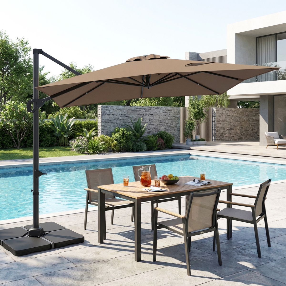 NP13286CF-NP12183 11 x 9 ft. Aluminum Pole Outdoor Offset Hanging Umbrella with 220 lbs Base - Brown