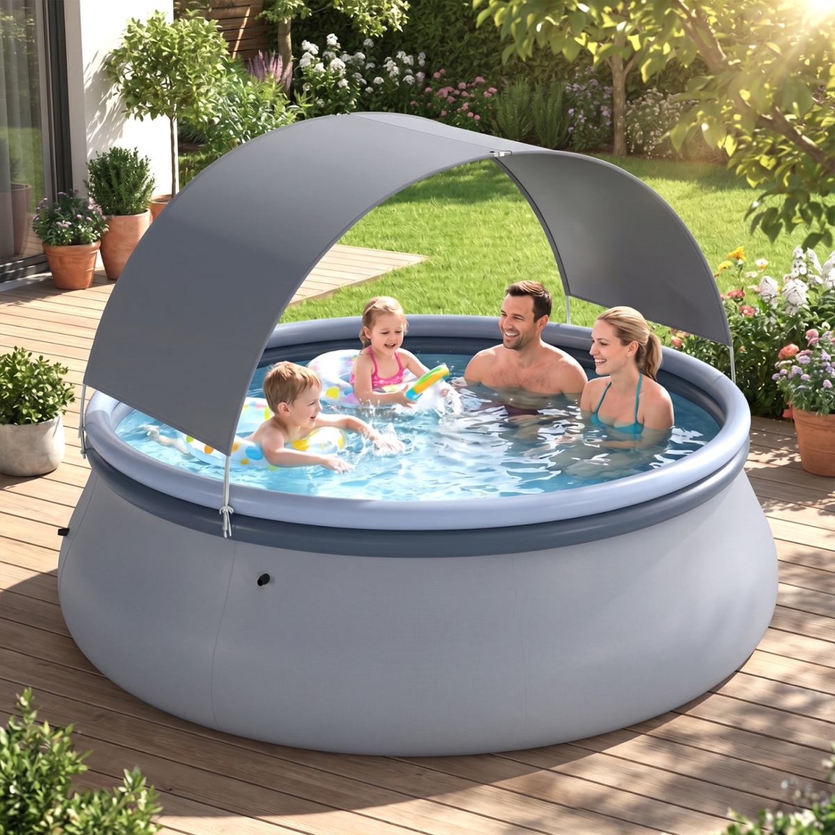 NP13383 Outdoor Inflatable Pool with Sunshade Canopy - Blue & Gray - Medium
