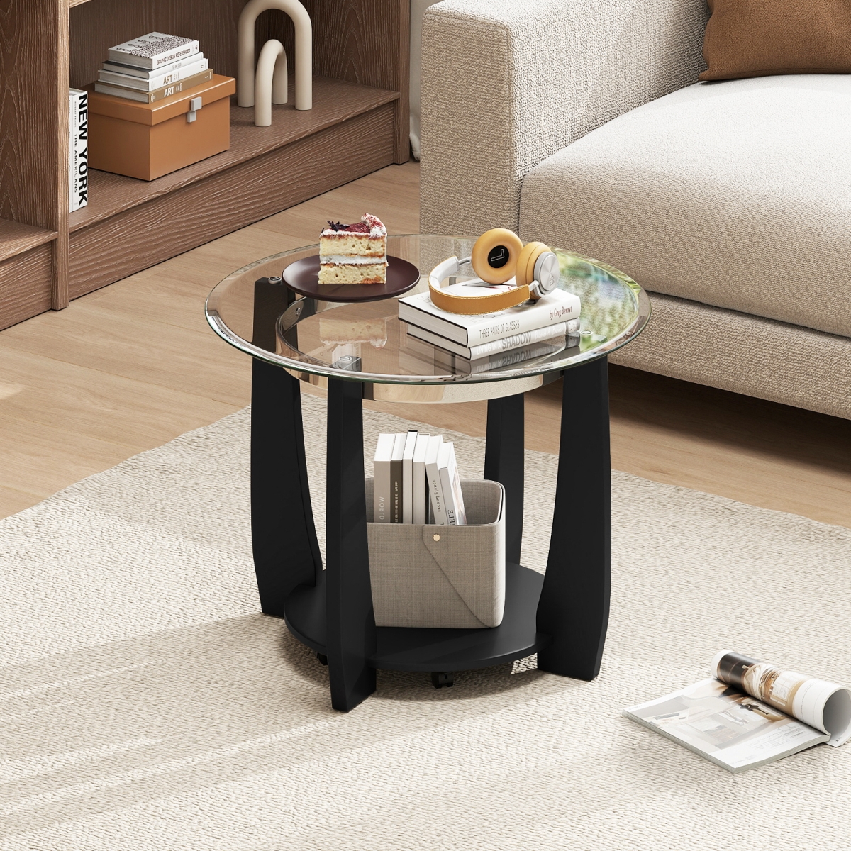 HV10868DK 32 in. 2-Tier Glass Round Coffee Table with Storage Shelf - Black