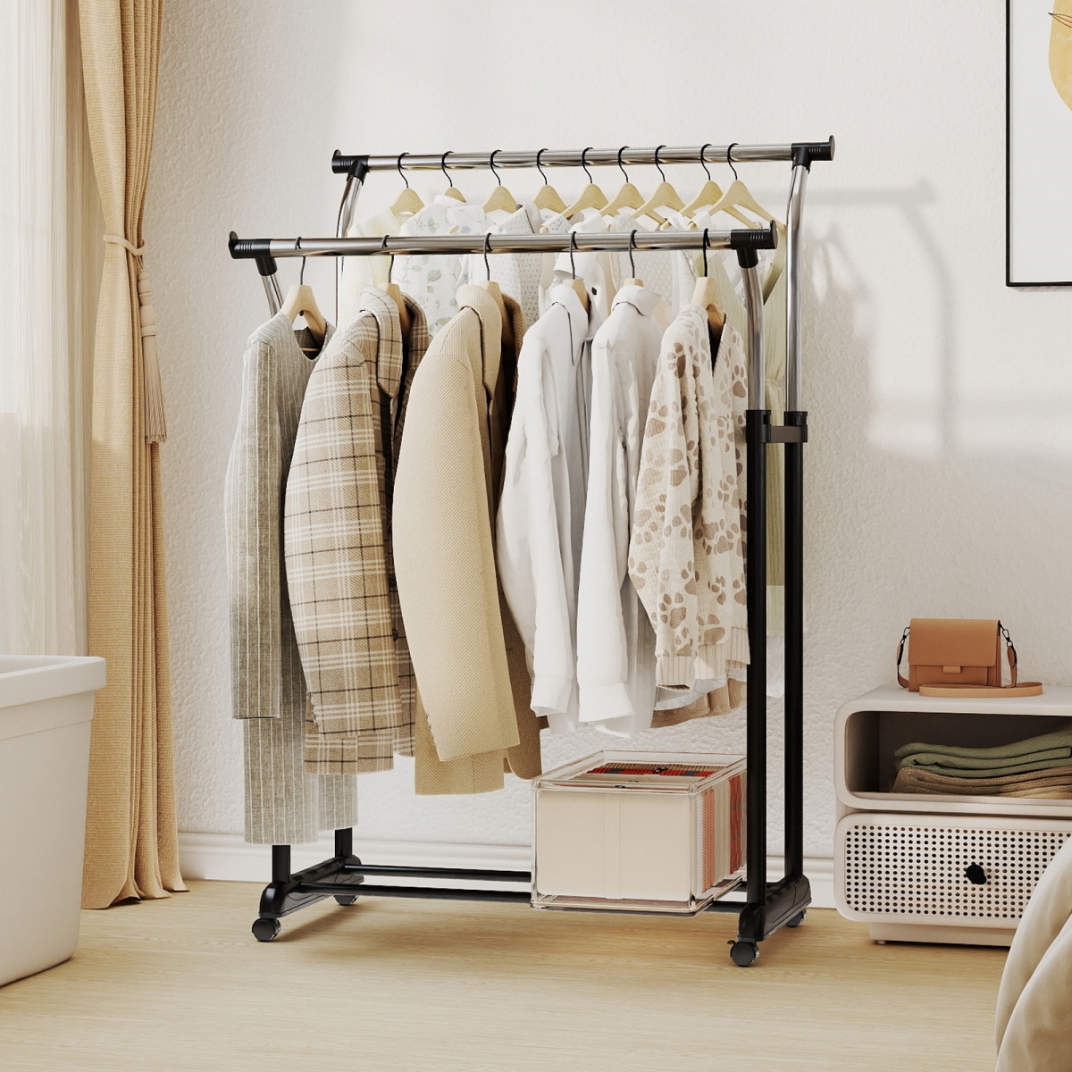 JZ10338 Rolling Clothes Rack Double Rod Garment Rack with Adjustable Height