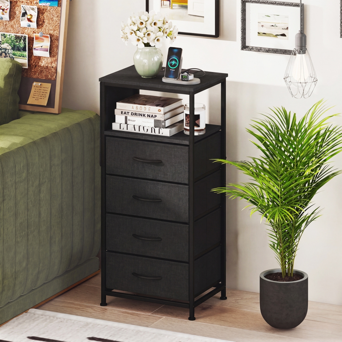 JZ10406US-DK Nightstand with Integrated Charging Station 34 in. Modern Bedside Table - Black