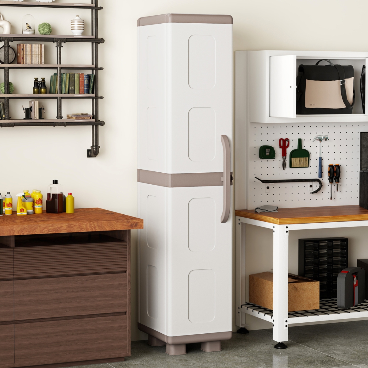 JZ10441BE Plastic Kitchen Pantry with 4 Adjustable Shelves & Single Door for Living Room & Kitchen - Beige