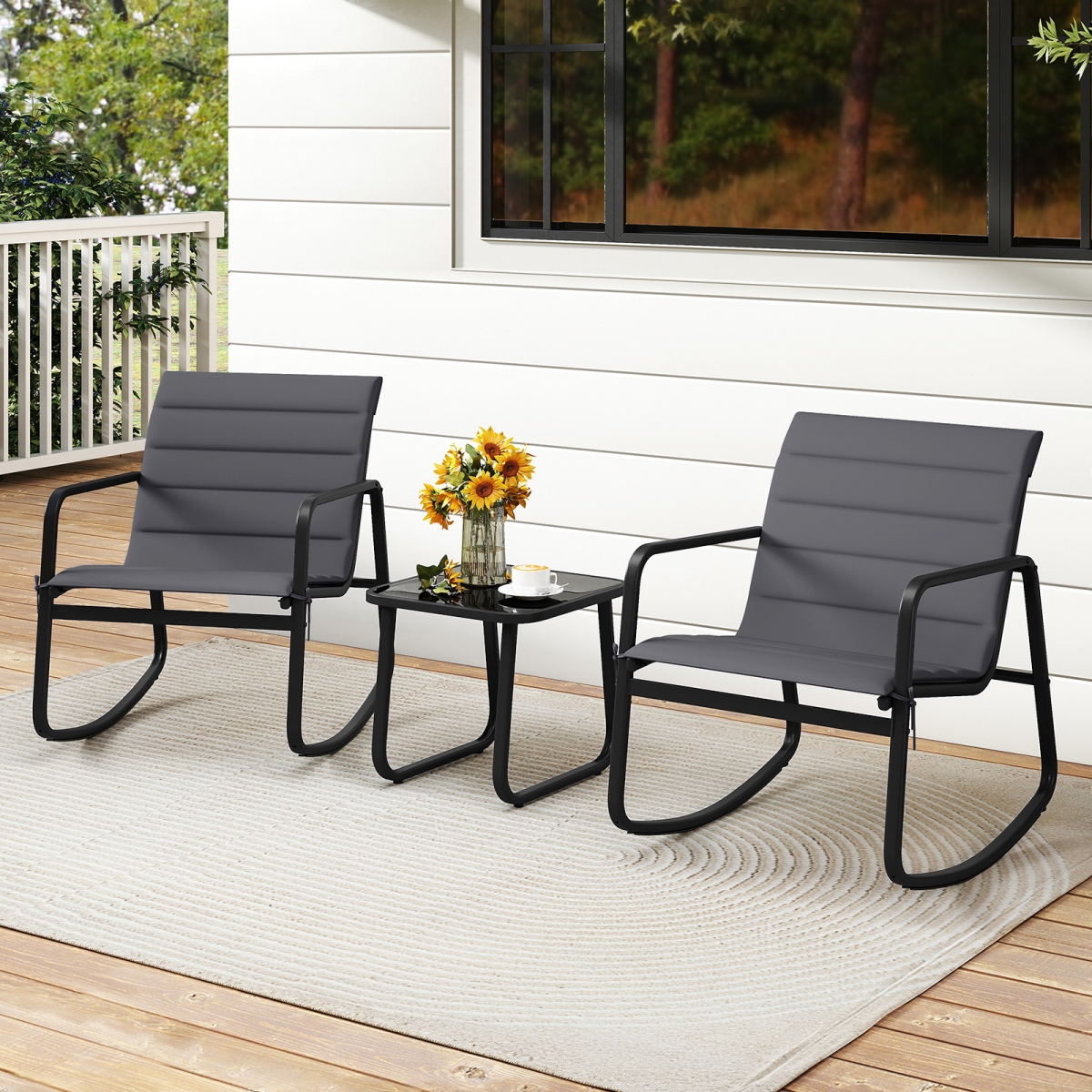 NP12917GR Outdoor Rocking Bistro Set Porch Rocker Chairs with Tempered Glass Table - Gray - 3 Piece