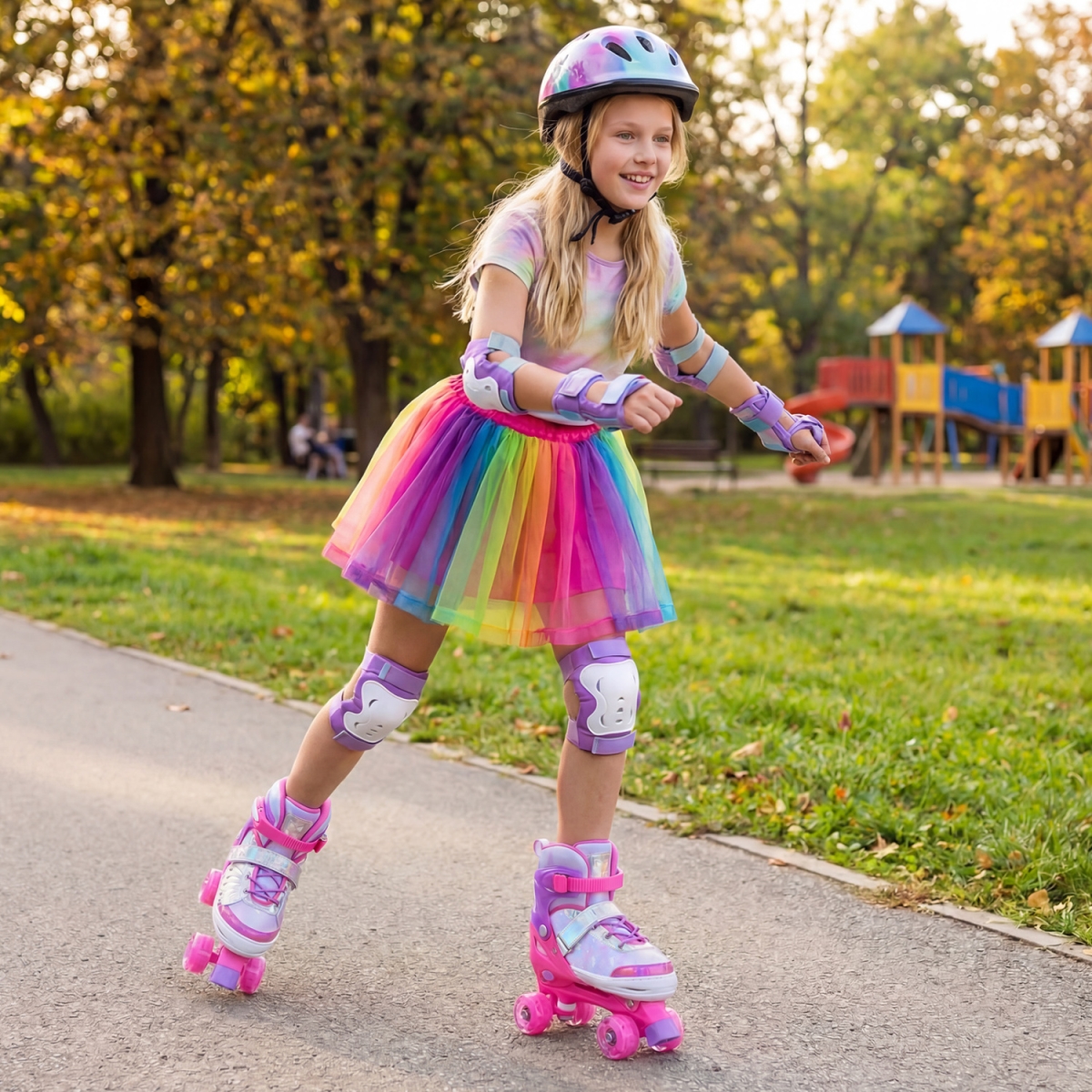 TS10408PI 4 Sizes Adjustable Kids Roller Skates for Toddlers Ages 9-14 with 4 Light-Up Wheels - Pink