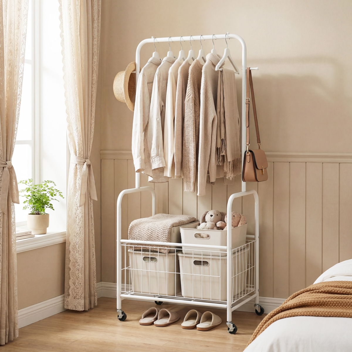 JZ10491WH Rolling Metal Clothes Rack with Hanging Rod & Storage Basket - White
