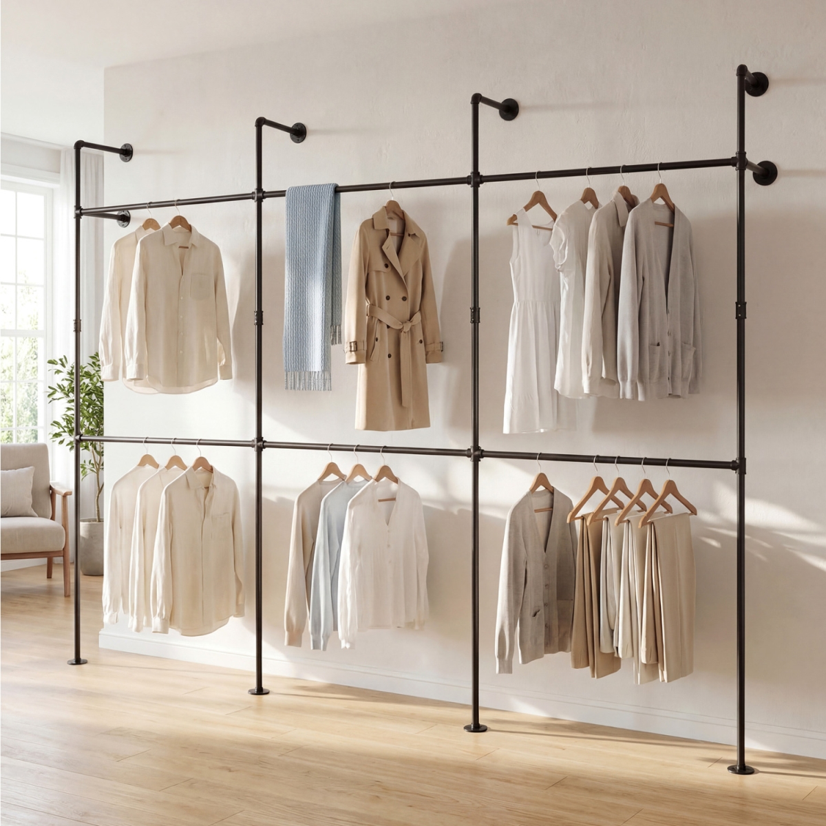 JZ10504BK Wall Mounted Pipe Clothing Rack with 6 Hanging Rods - Black