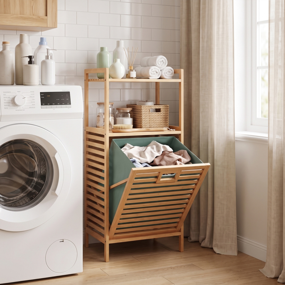 JV12472GN 2-Tier Tilt Out Laundry Hamper with Foldable & Removable Basket - Green