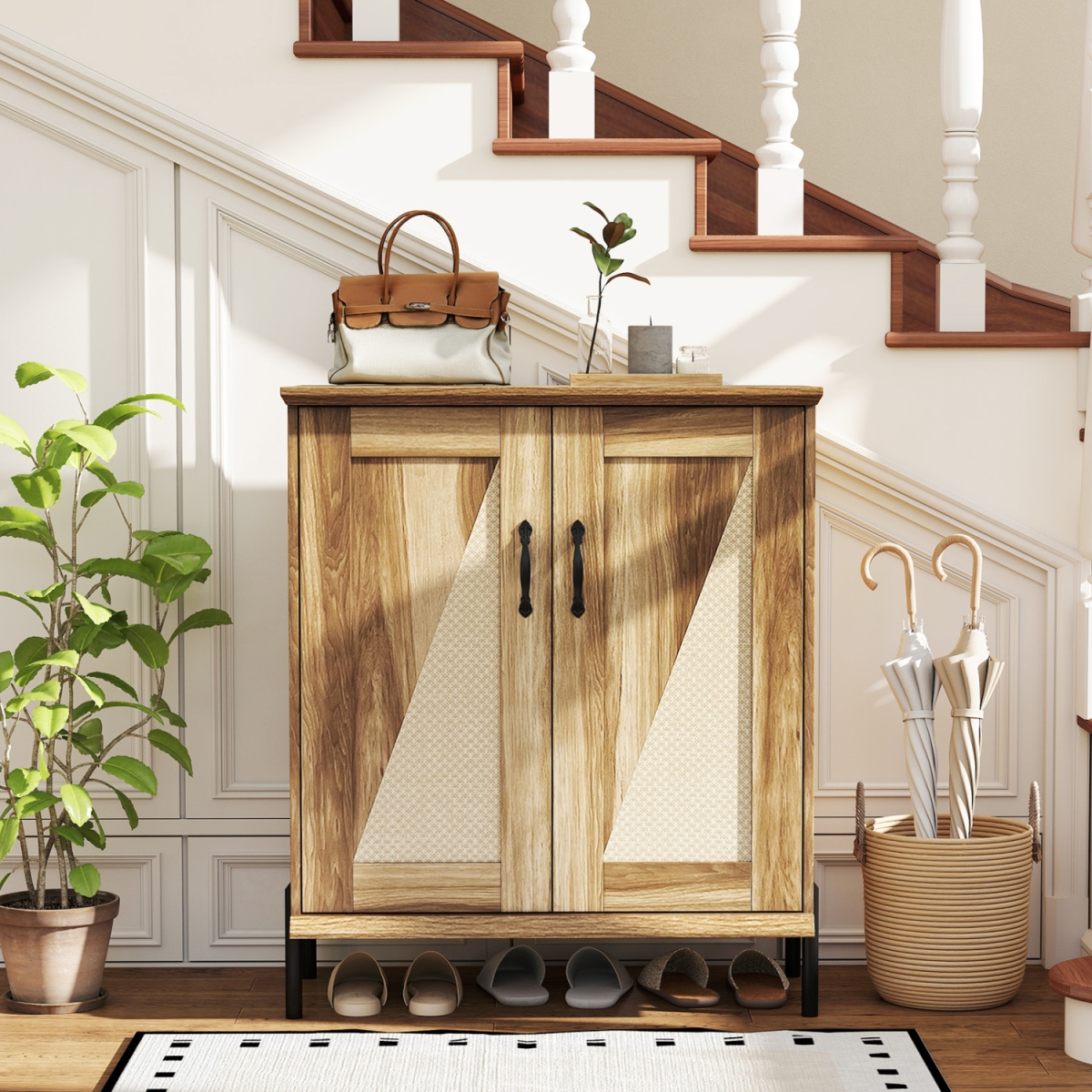JV14257NA 5-Tier Wooden Farmhouse Shoe Cabinet with Woven Rattan Doors - Natural