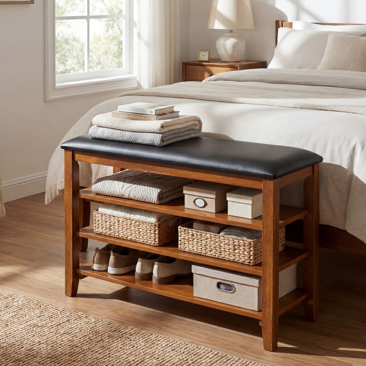 JV14278WN 3-Tier Shoe Rack Bench with Adjustable Shelves & Soft Cushion for Entryway & Living Room - Brown