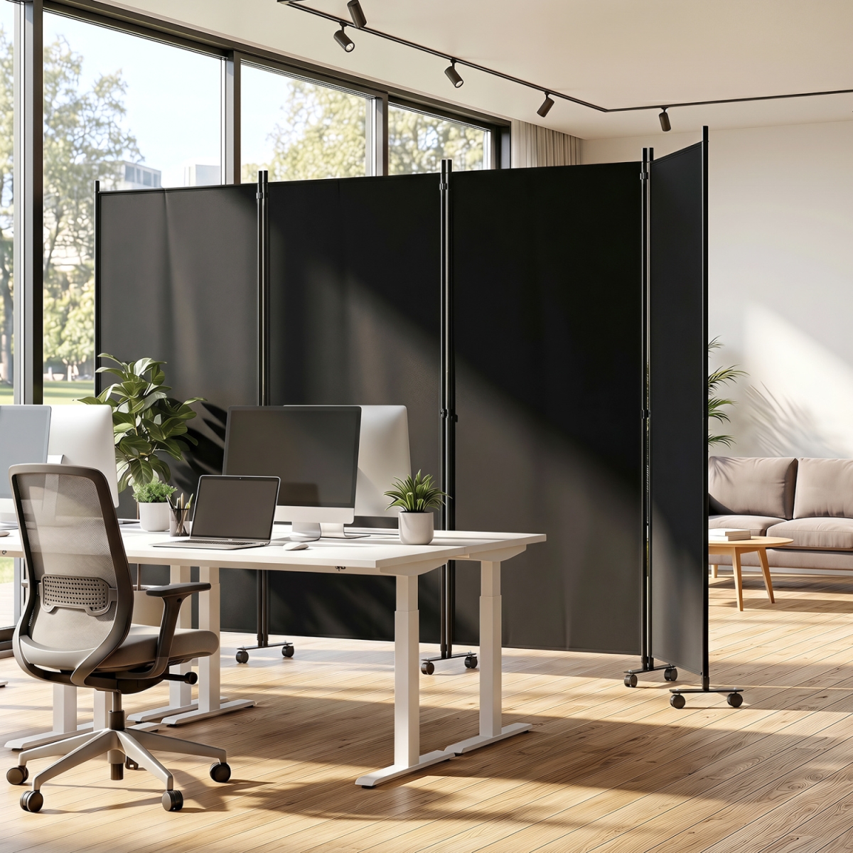 JV14584BK 4 Panel Folding Privacy Screen Room Divider with Wheels - Black
