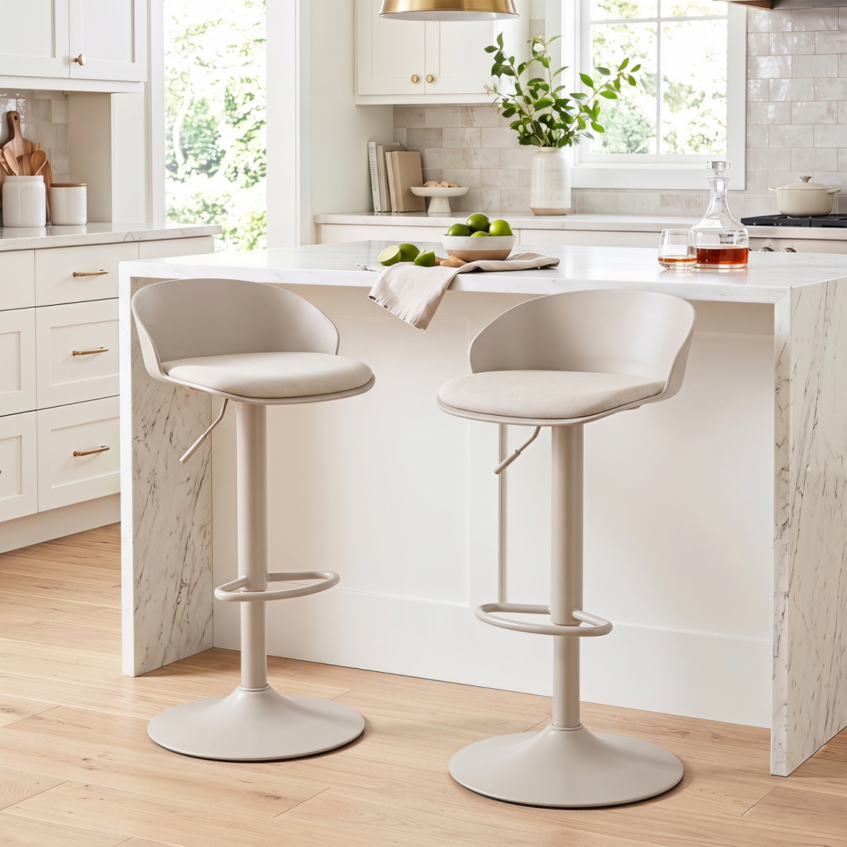 JV14658BE-2 Adjustable Swivel Bar Stools with Back & Footrest 330 lbs for Dining - Cream - Set of 2