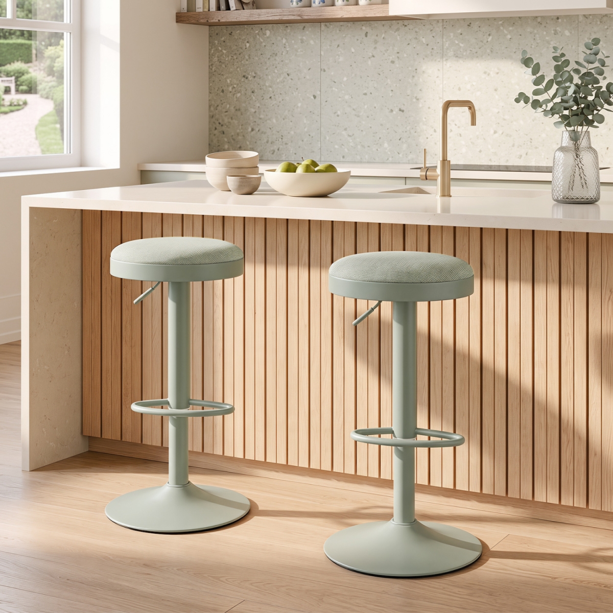 JV14659GN-2 Kitchen Bar Stools with Height Adjustment Padded Seat & D-Shaped Footrest - Green - Set of 2