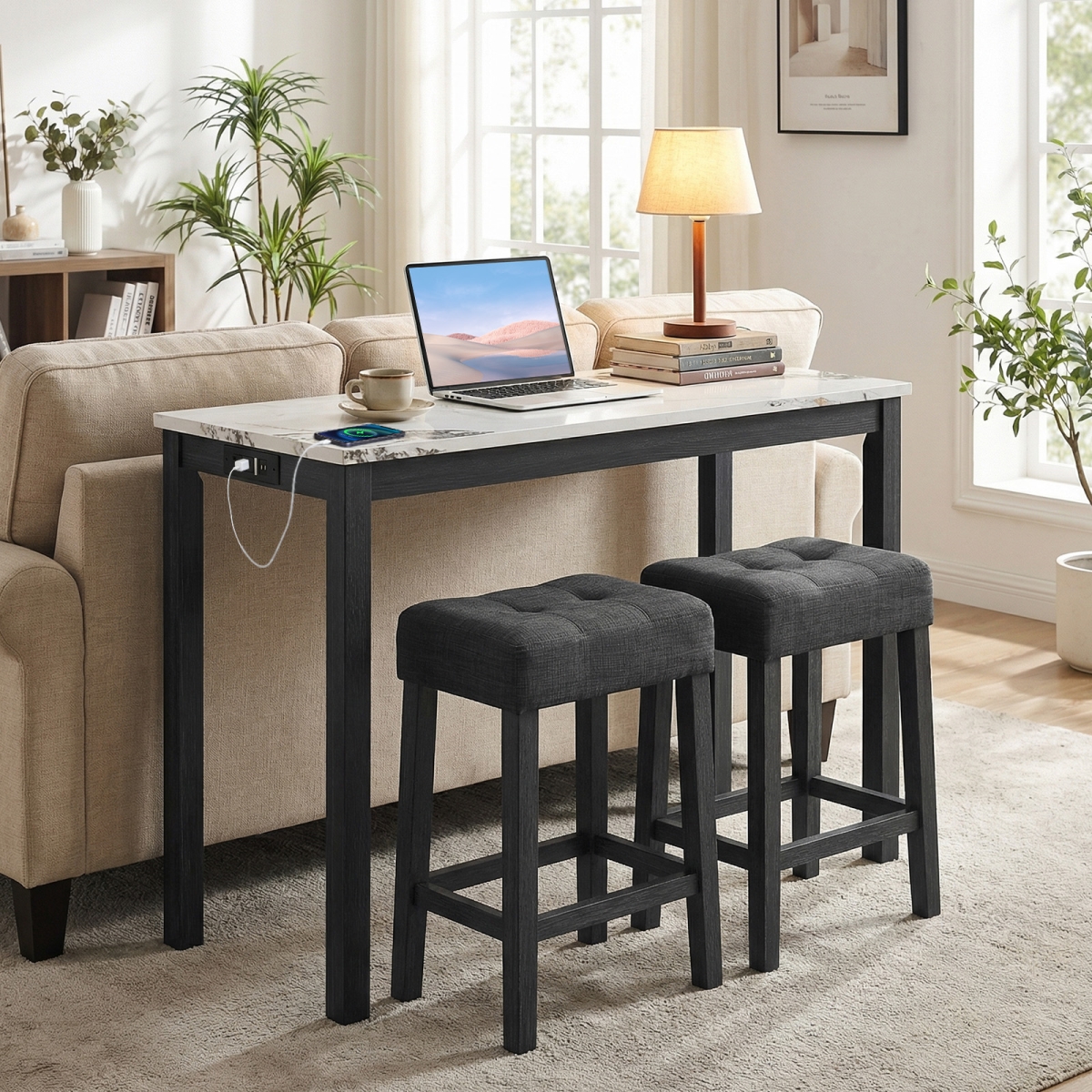 JV12707US-WH Bar Table Set with Charging Station & Faux Marble Top - White - 3 Piece