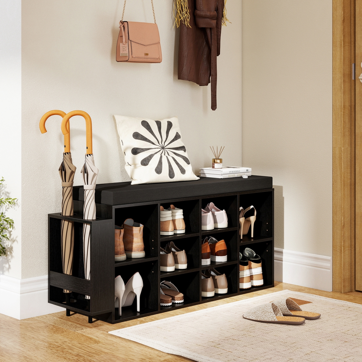 JV13165DK Shoe Storage Bench with Umbrella Stand 10-Cubby Entryway Shoe Rack Organizer - Black