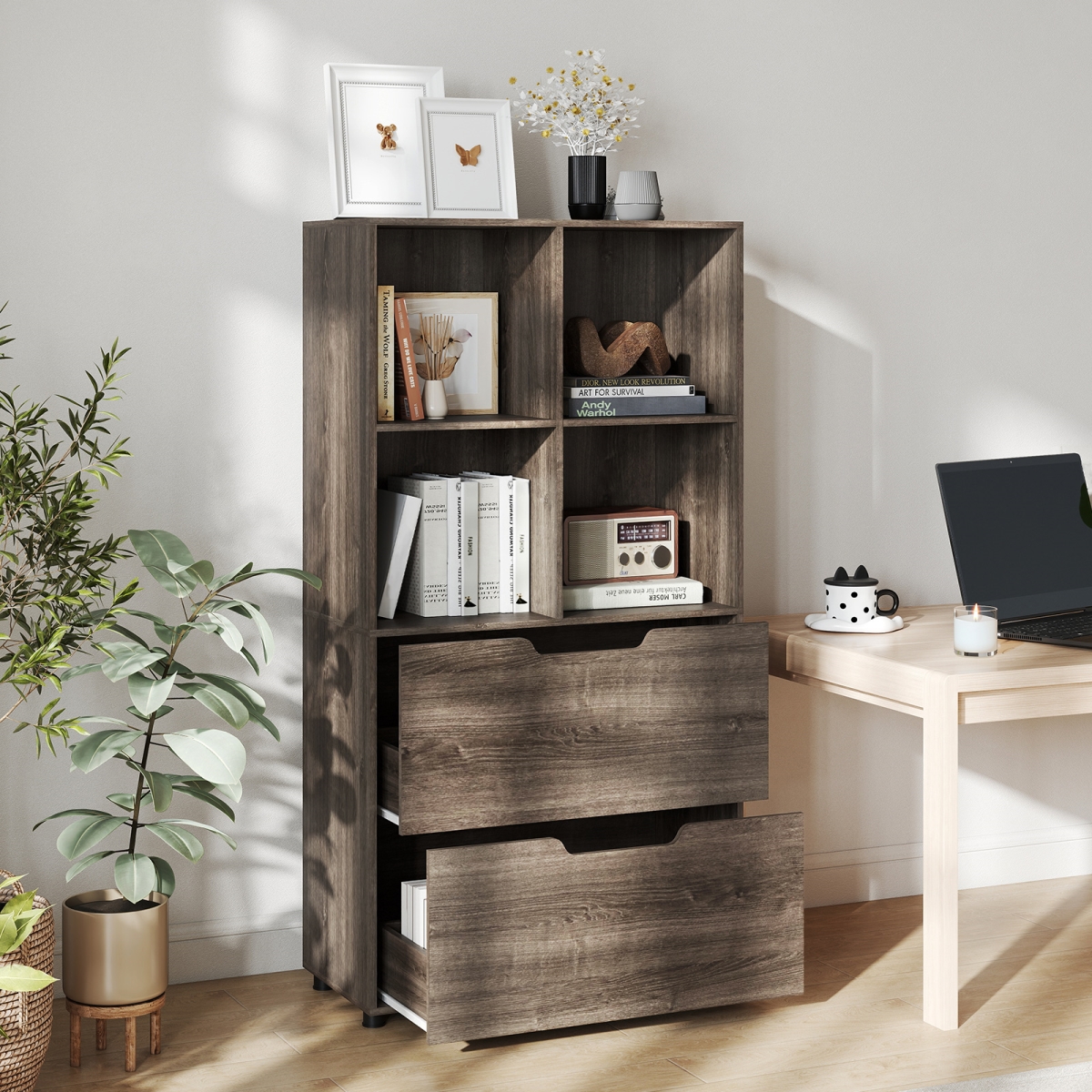 JV13188GR 4-Cube Bookcase with 2 Drawers 51 in. 5-Tier Tall Freestanding Bookshelf - Gray