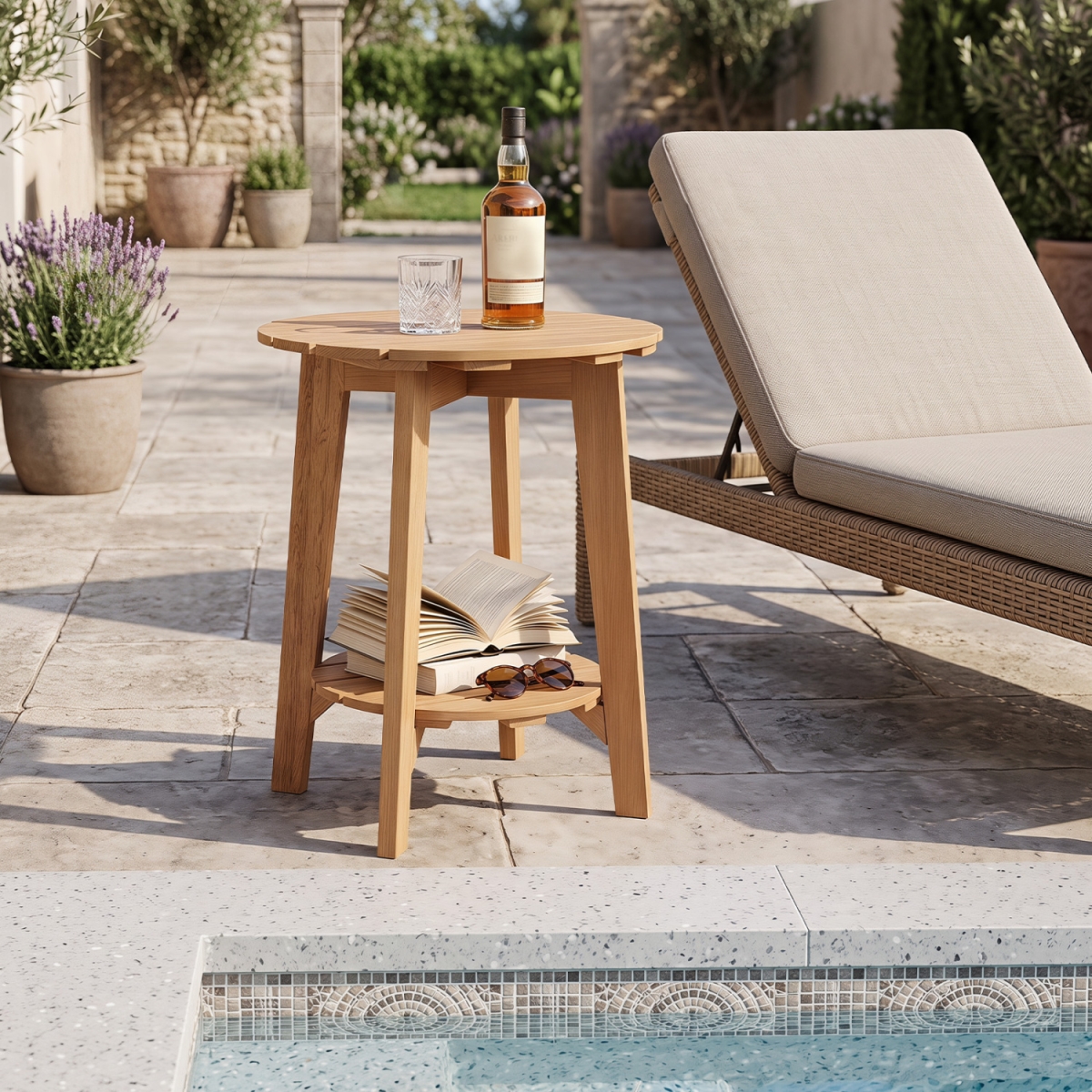 JV14661OR-1 2-Tier Eucalyptus Wood Side Table with Slatted Tabletop & Storage Shelf for Outdoor - Natural