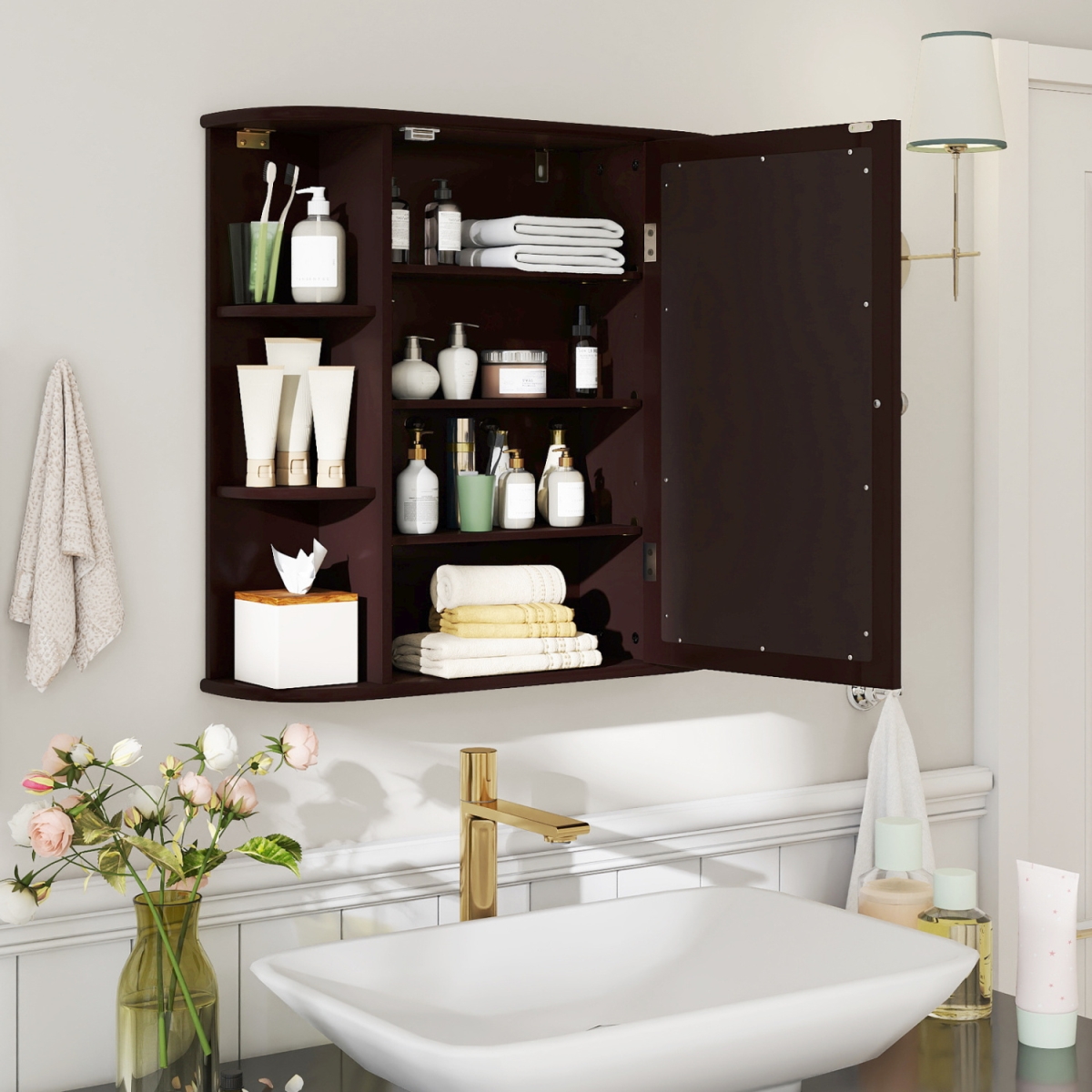 JV14711BN Bathroom Wall Cabinet with Mirror Door 4 Internal Adjustable Shelves & 6 Side Open Shelves - Brown