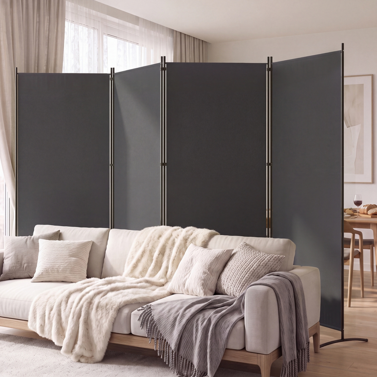 JV14808GR 4 Panel Room Divider 6 ft. Tall Folding Privacy Screen with Curved Metal Feet - Gray