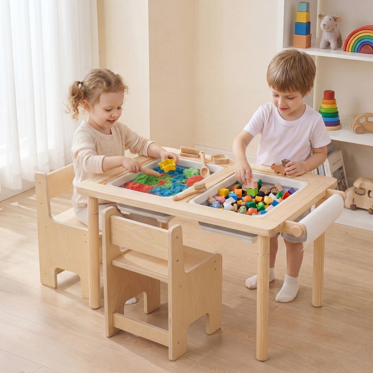 TP10578NA Kids Activity Table & Chair Set with Adjustable Height - Natural - 3 Piece