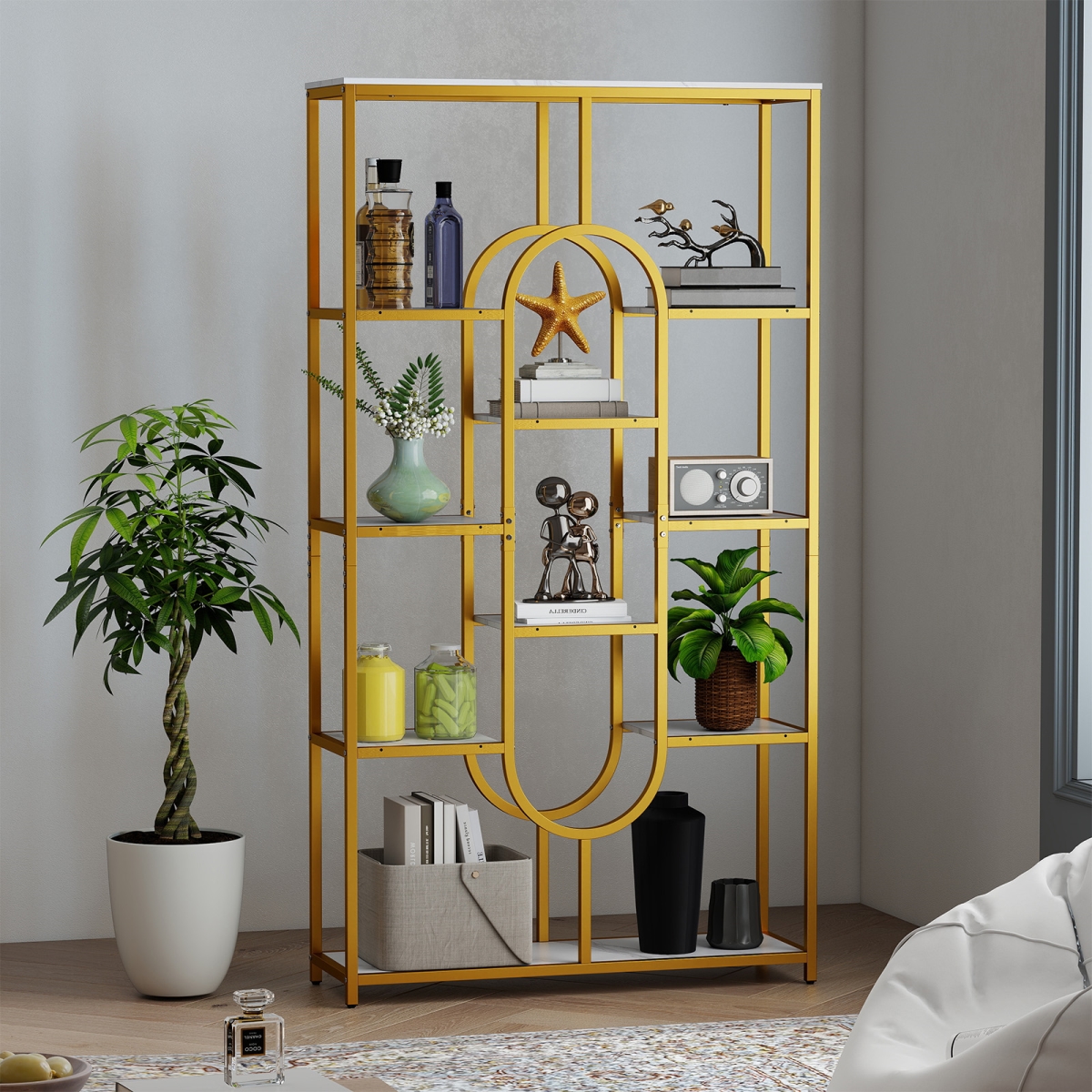 JV13353WH 5-Tier Tall Etagere Bookcase with Open Storage Shelves - White