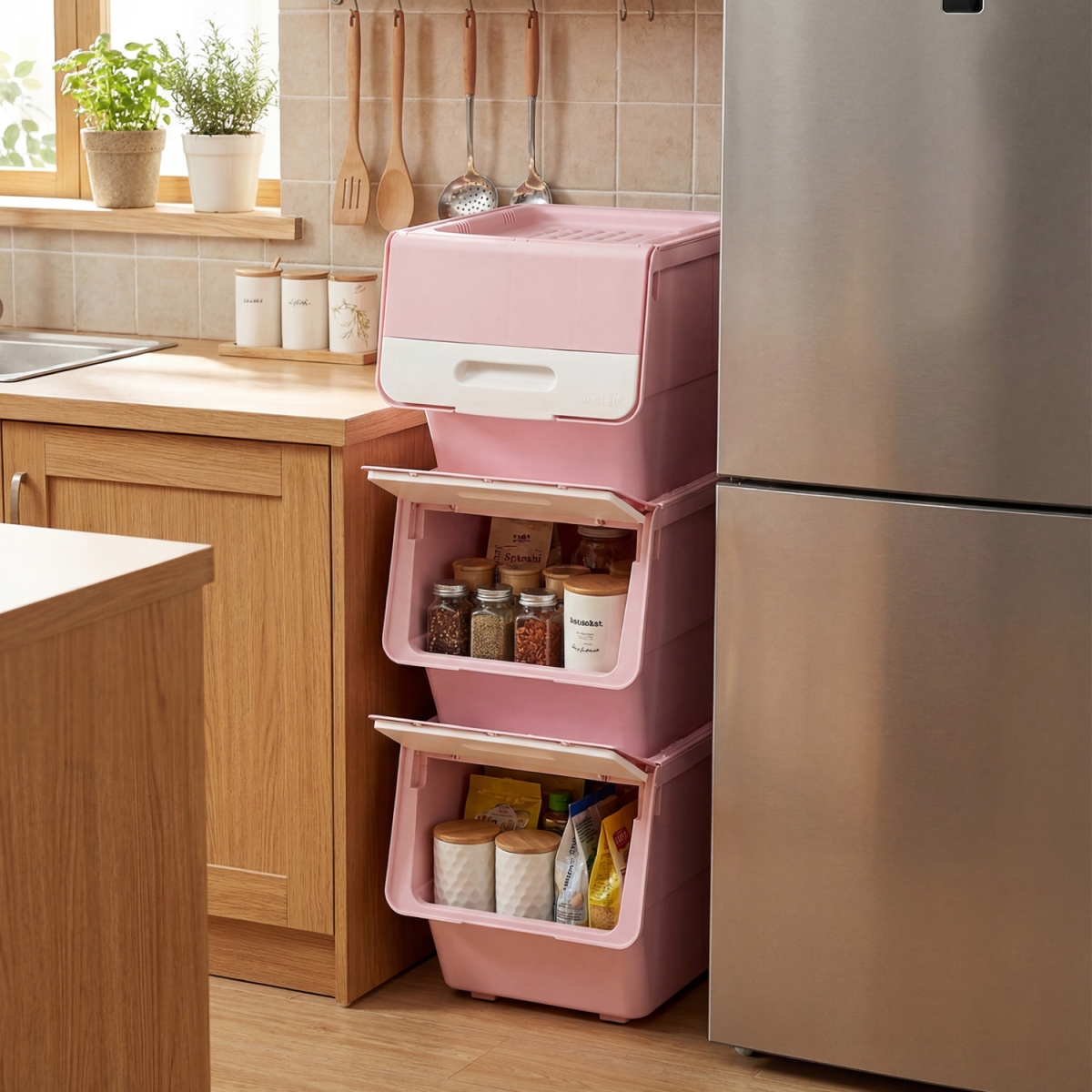 JZ10478PK Storage Bins on Wheels Stackable Plastic Boxes with Stay-Open Lid - Pink - Small - 3 Piece
