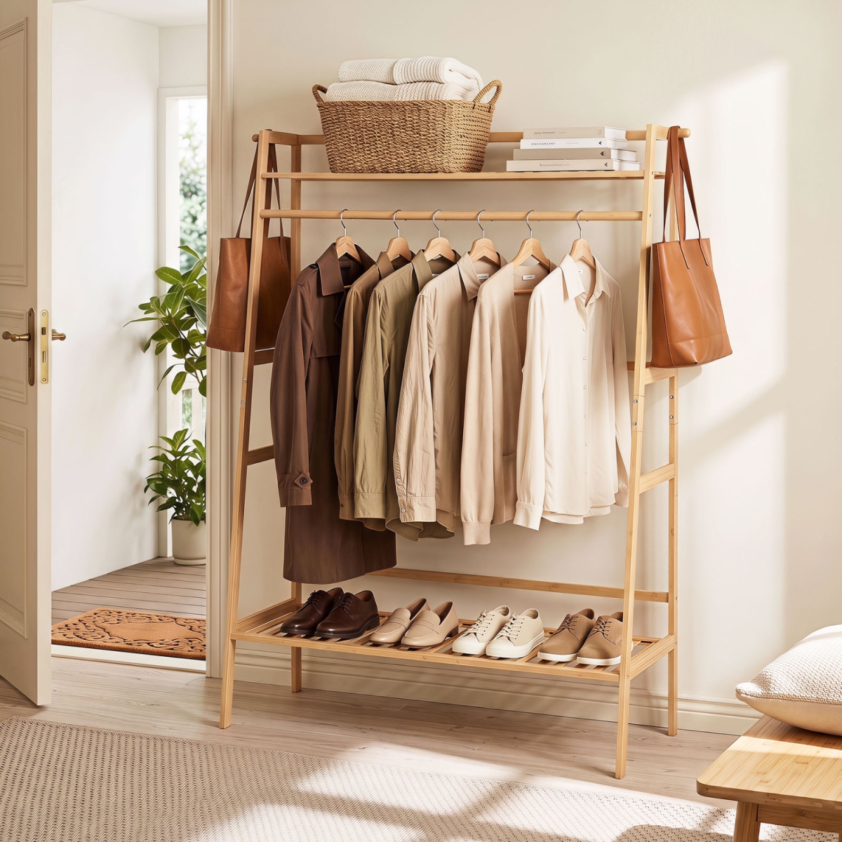 JZ10558NA Bamboo Clothing Garment Rack Freestanding Open Wardrobe Organizer with Hanging Rod - Natural