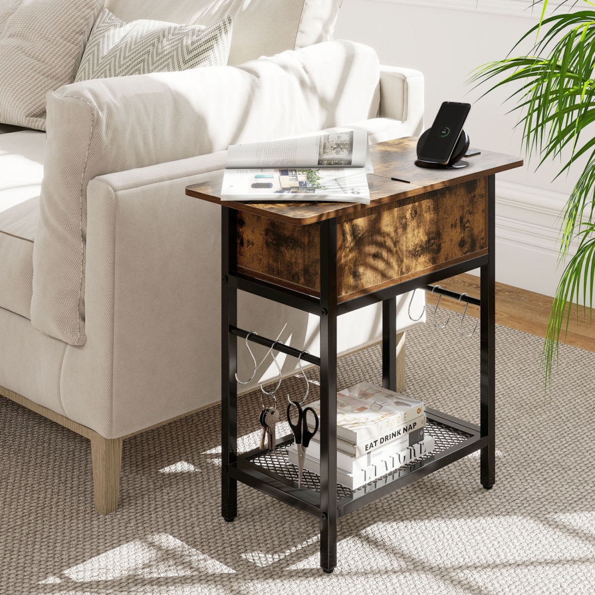 JV13937US-1CF End Table with Charging Station USB Ports Outlets & Flip Top - Coffee