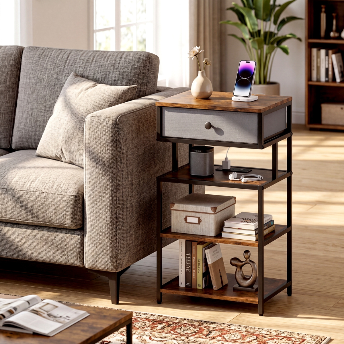 JV13979US-1CF Nightstand with Charging Station 28 in. Tall Bedside Table with Fabric Drawer - Rustic Brown