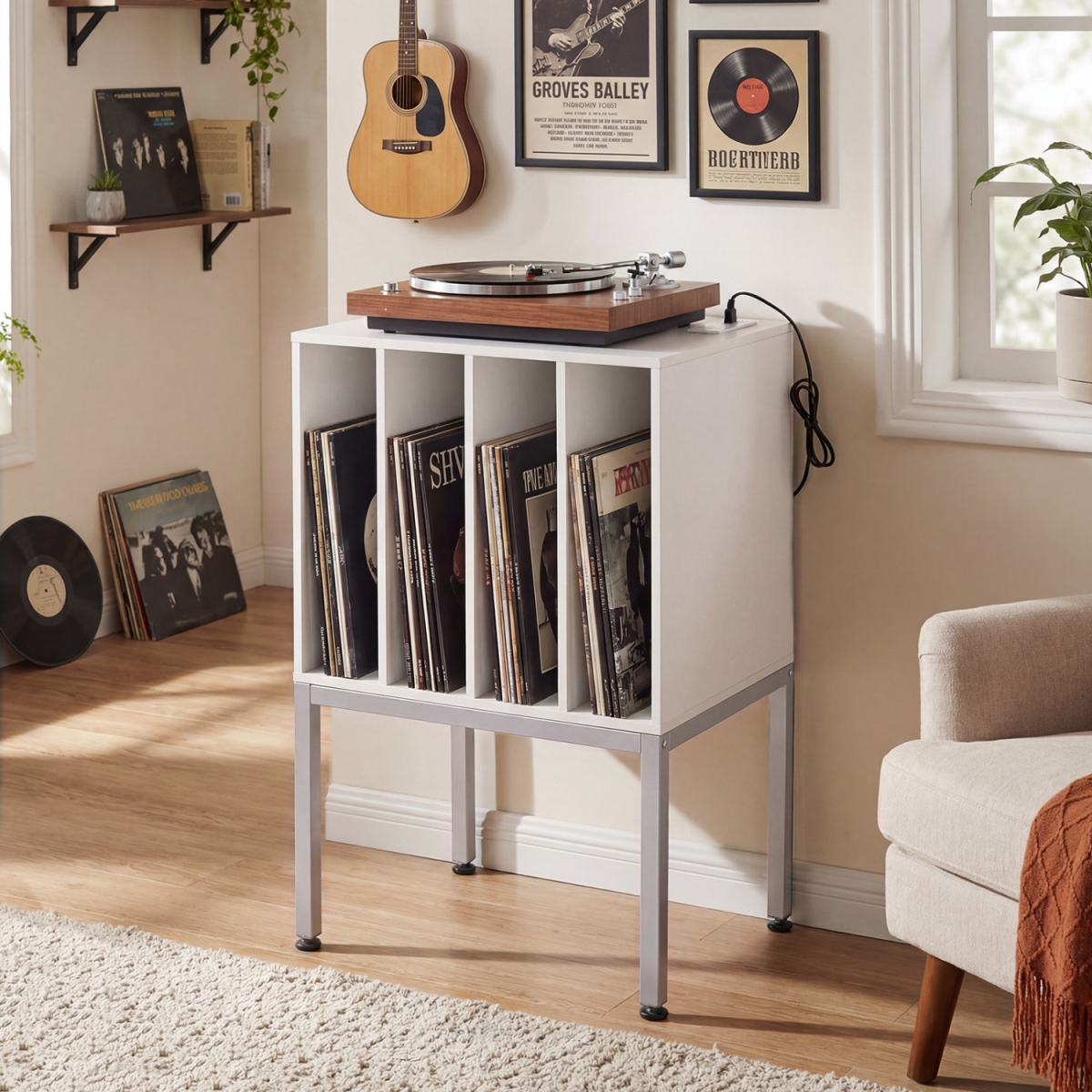 JV13995WH Turntable Record Player Stand with Power Outlets - White