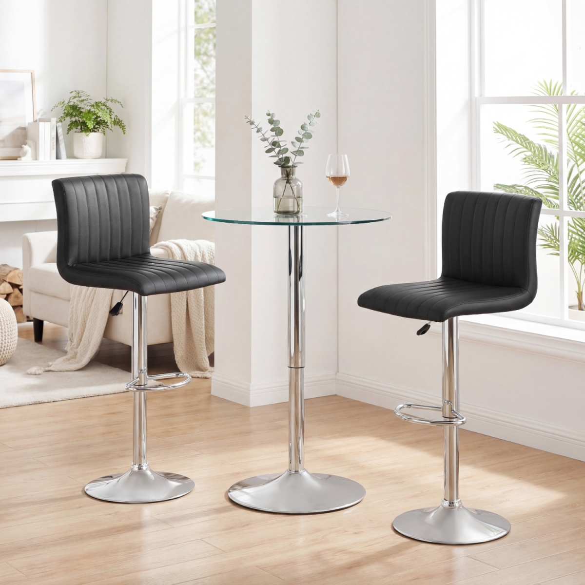 JV14001DK-2 Bar Stools Adjustable Swivel Barstools with Back & Footrest - Black - Set of 2