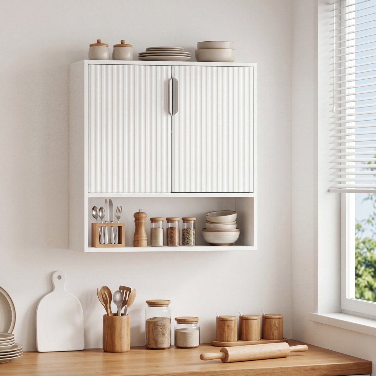 JV14030WH Bathroom Wall Cabinet with 2 Fluted Doors & Open Cube & Adjustable Shelf - White