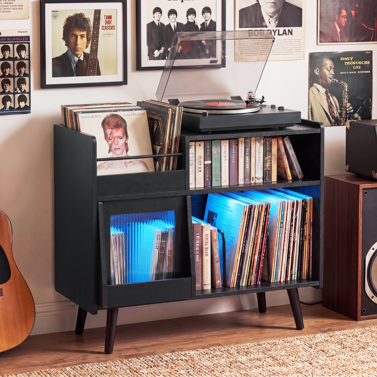 JV14100US-DK Record Player Stand with LED Light & Power Outlets - Black