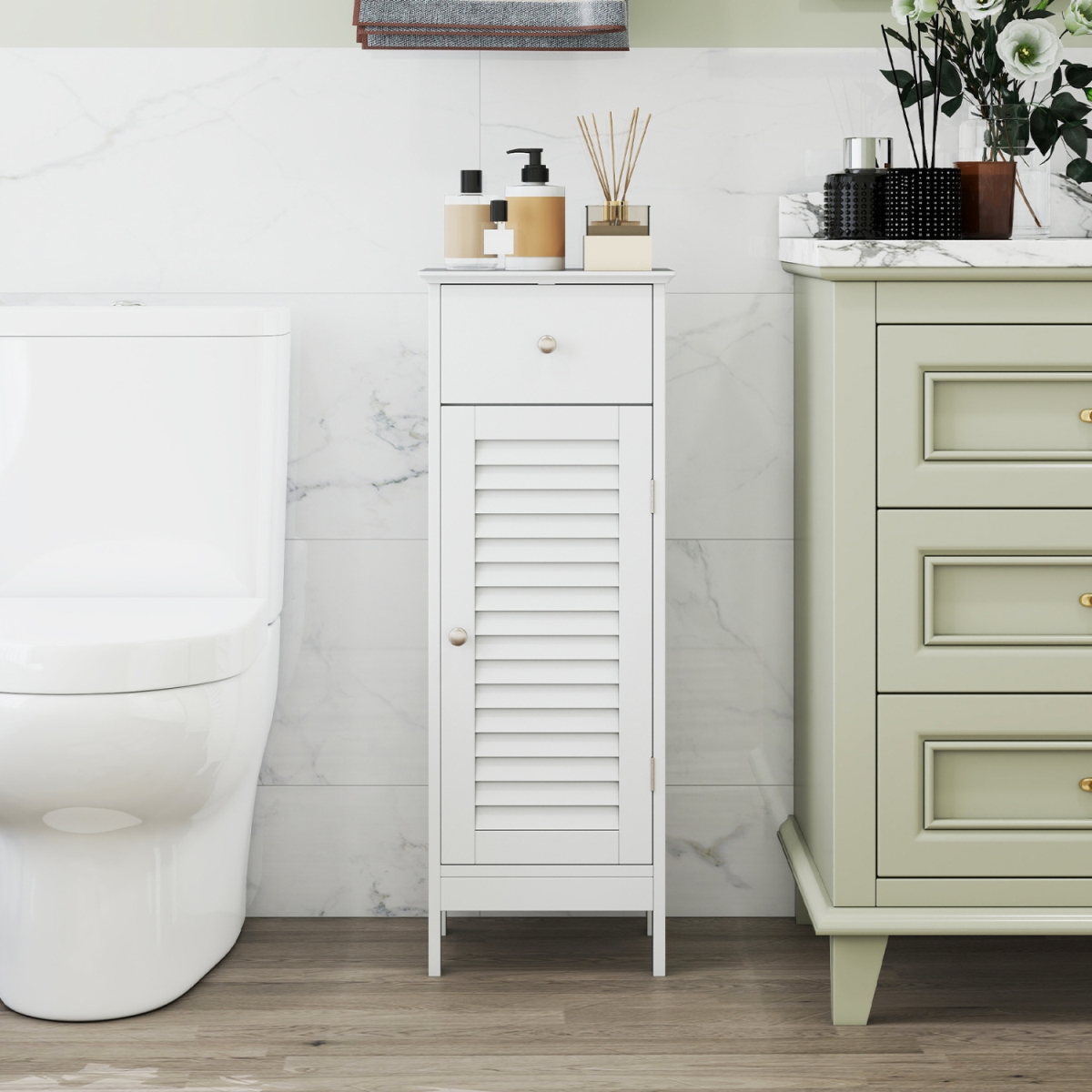 JV14195WH Narrow Bathroom Storage Cabinet with Adjustable Shelf & Drawer - White