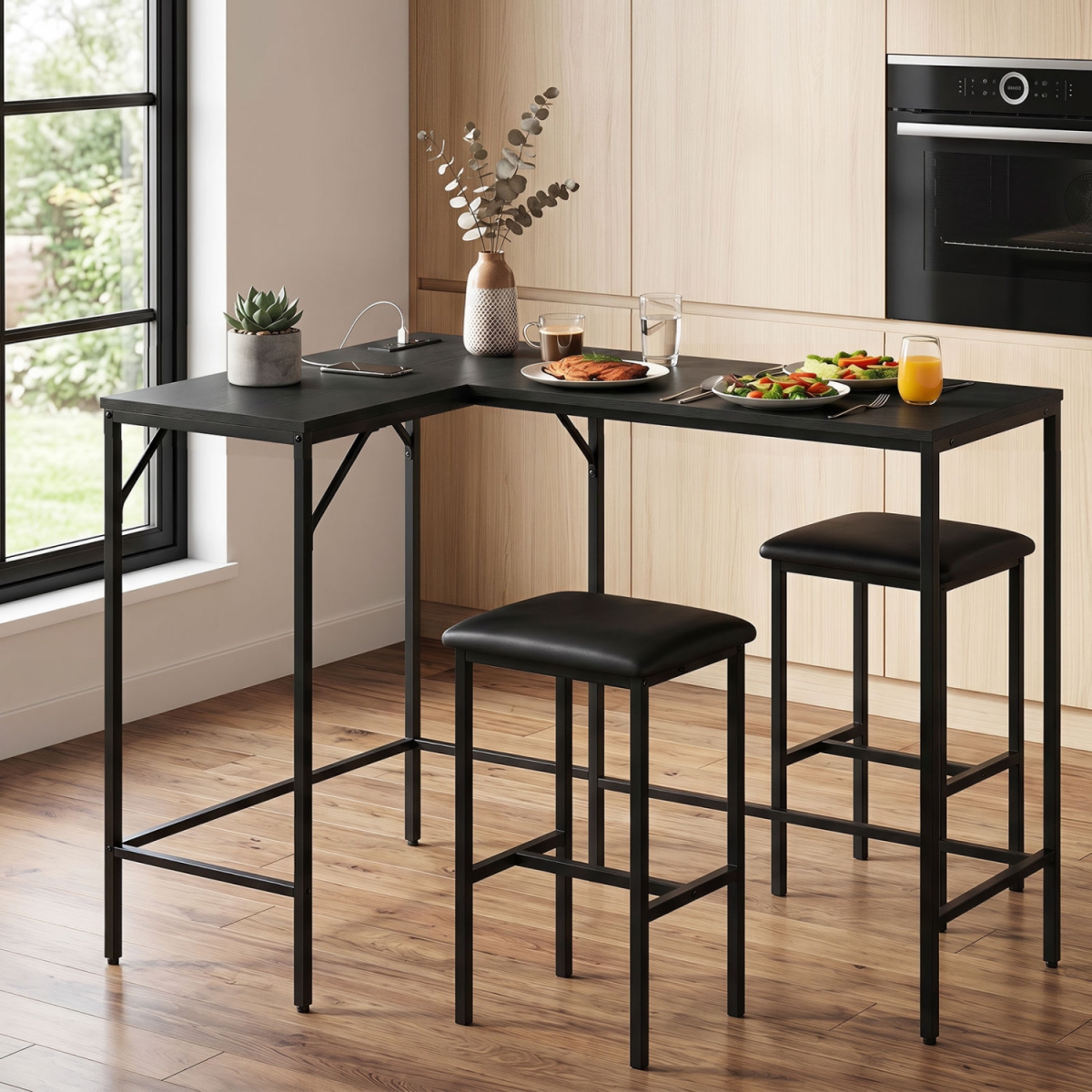 JV14246US-DK Convertible L-Shaped Kitchen Table Chair Set with 2 AC Outlets USB Port & Type-C Port - Black - 3 Piece