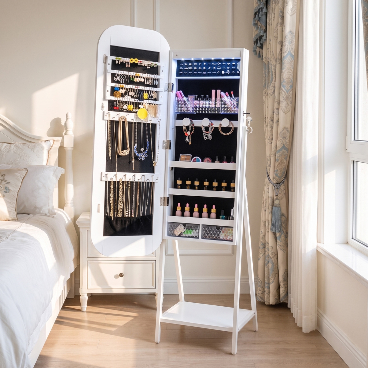 JV14272WH Jewelry Cabinet with Full-Length Mirror Large Storage Capacity - White