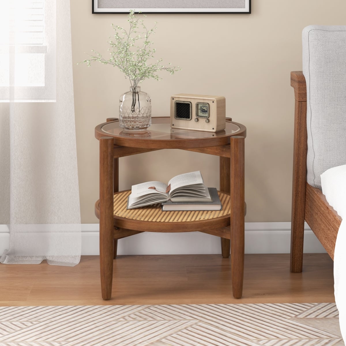 JV14441WN Rattan Round Side End Table with Tempered Glass Tabletop - Walnut
