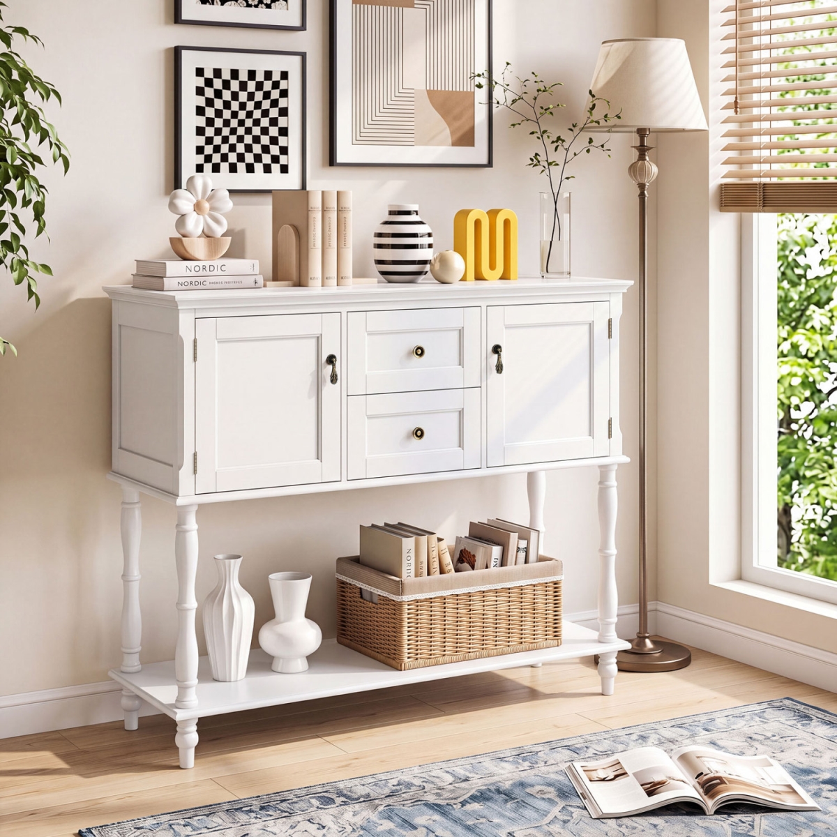 JV14449WH Console Table with 2 Drawers & 2 Door Cabinets & Bottom Storage Shelf - White