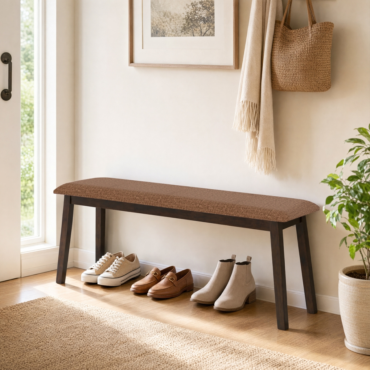 JV14674BN 43.5 in. Upholstered Entryway Bench with Rubber Wood Frame - Brown