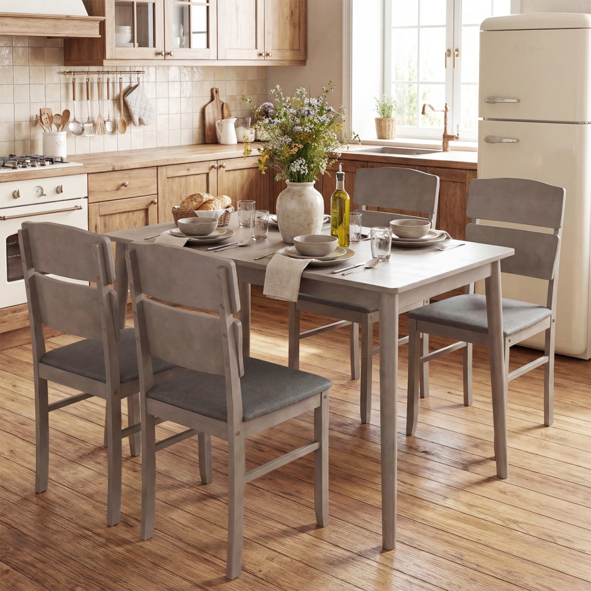 KC57845GR Dining Table Set with High Curved Back for 4 People - Gray - 5 Piece