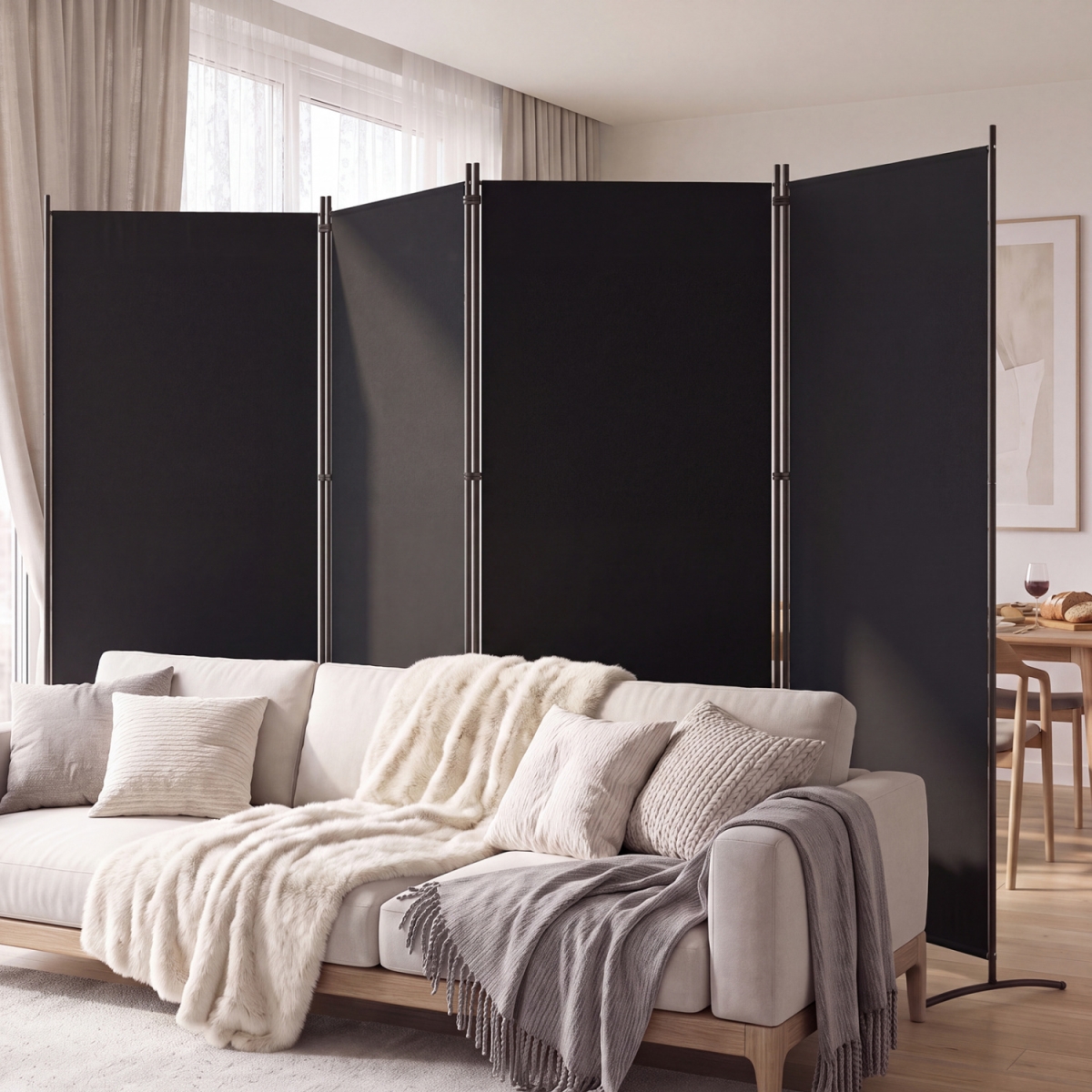 JV14808BK 4 Panel Room Divider 6 ft. Tall Folding Privacy Screen with Curved Metal Feet - Black