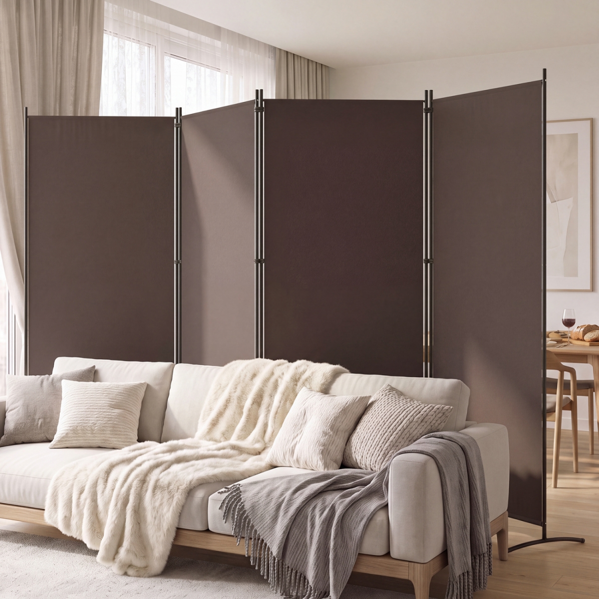JV14808CF 4 Panel Room Divider 6 ft. Tall Folding Privacy Screen with Curved Metal Feet - Brown