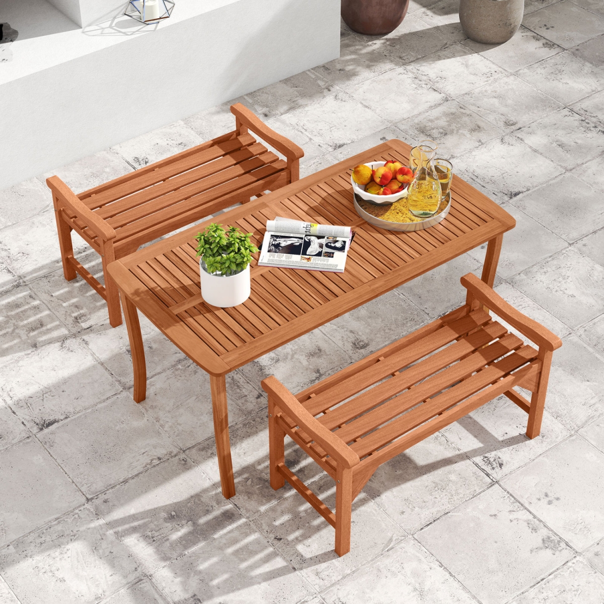 JV14822-2 Solid Wood Backless Garden Bench with Support Handles & Curved Slatted Seat for Deck - Set of 2