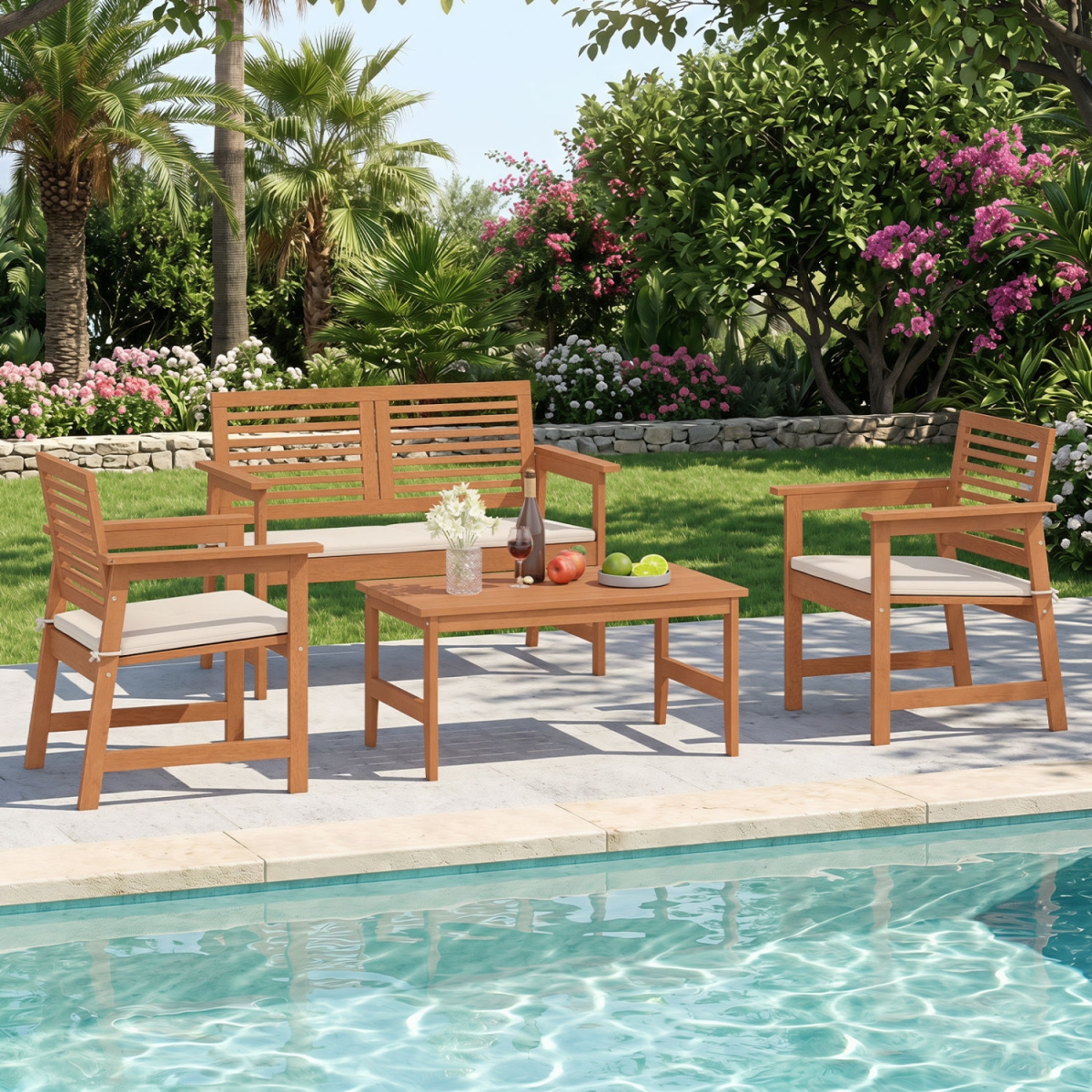 JV14850 35.5 in. Solid Wood Outdoor Coffee Table with Rectangular Slatted Top & Teak Finish - Natural